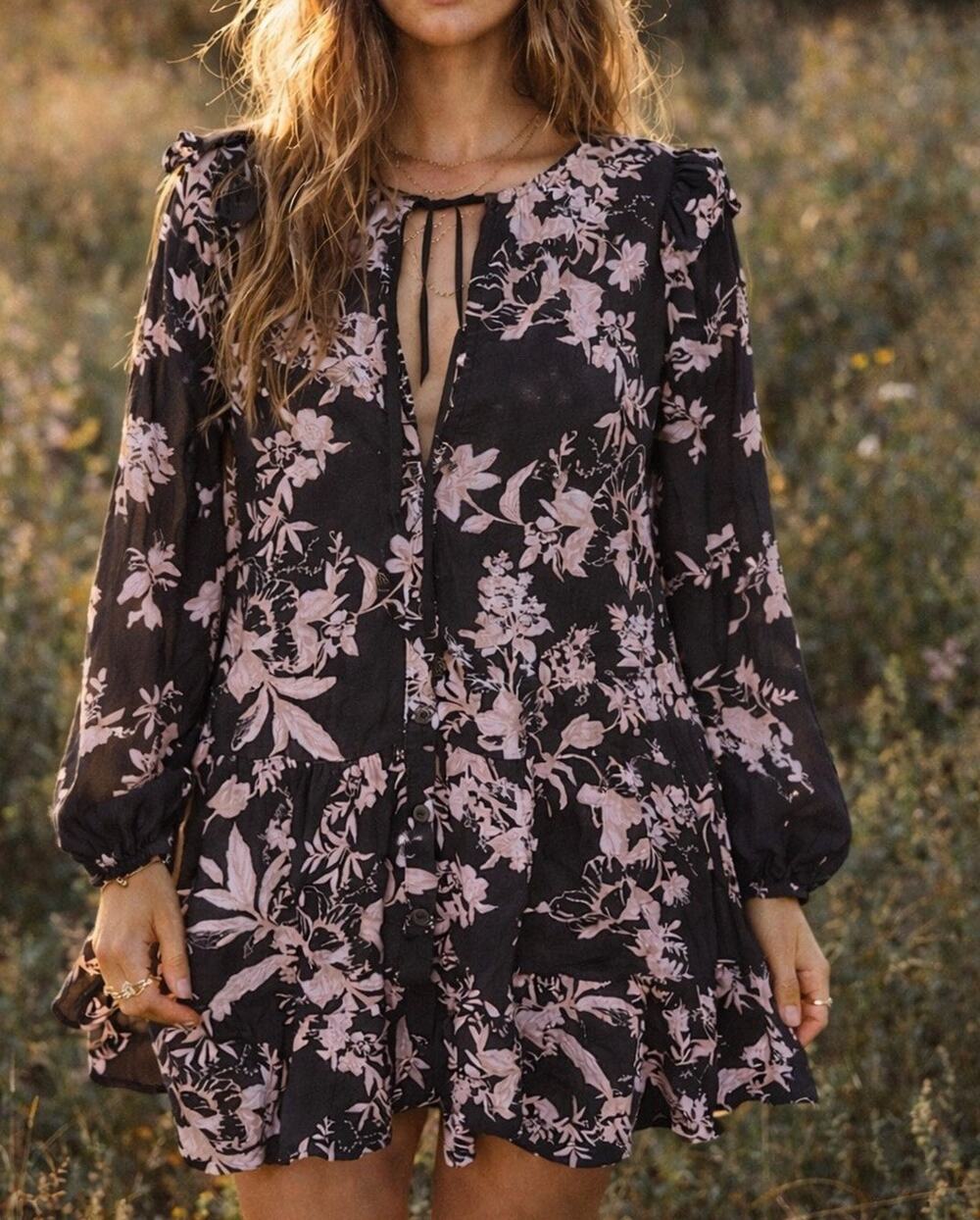 Free People Gray Pink Floral Button Up Dress Boho Prairie Ruffle Sz S Easter EUC